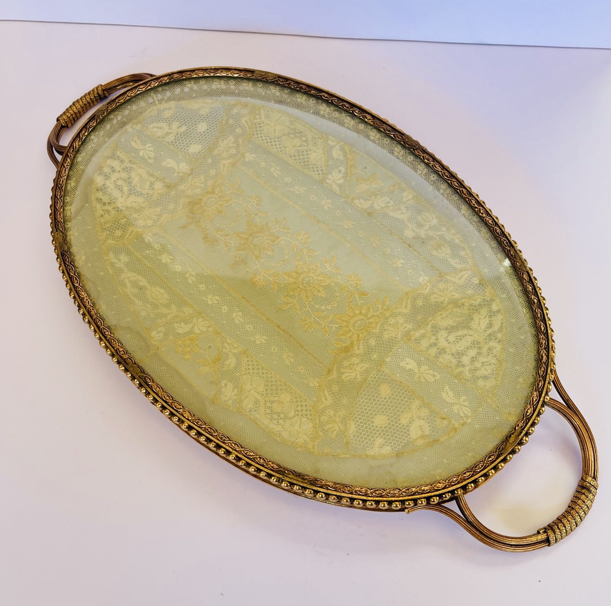 Brass Tray With Embroidery Under Glass -photo-2